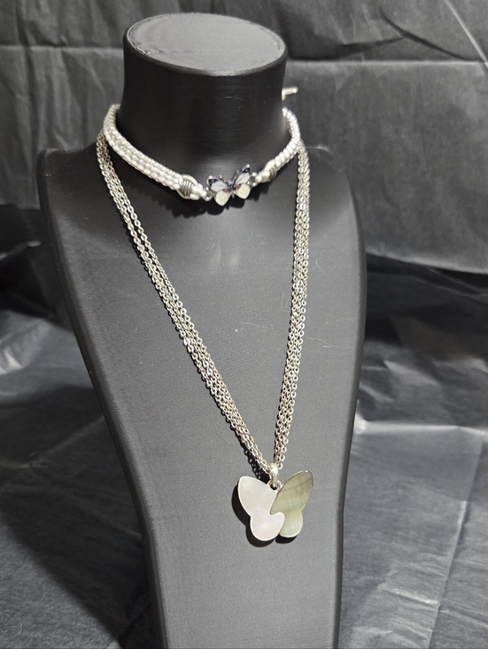 2fer Jewelry - Silver Butterfly Pendant Necklace With Butterfly White Bracelet